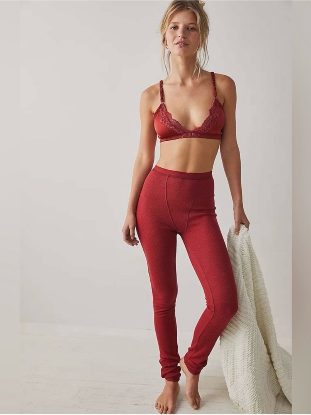 FREE PEOPLE WOMENS M SLOANE THERMAL LEGGINGS SOFT WAFFLE KNIT FULL LENGTH NWOT